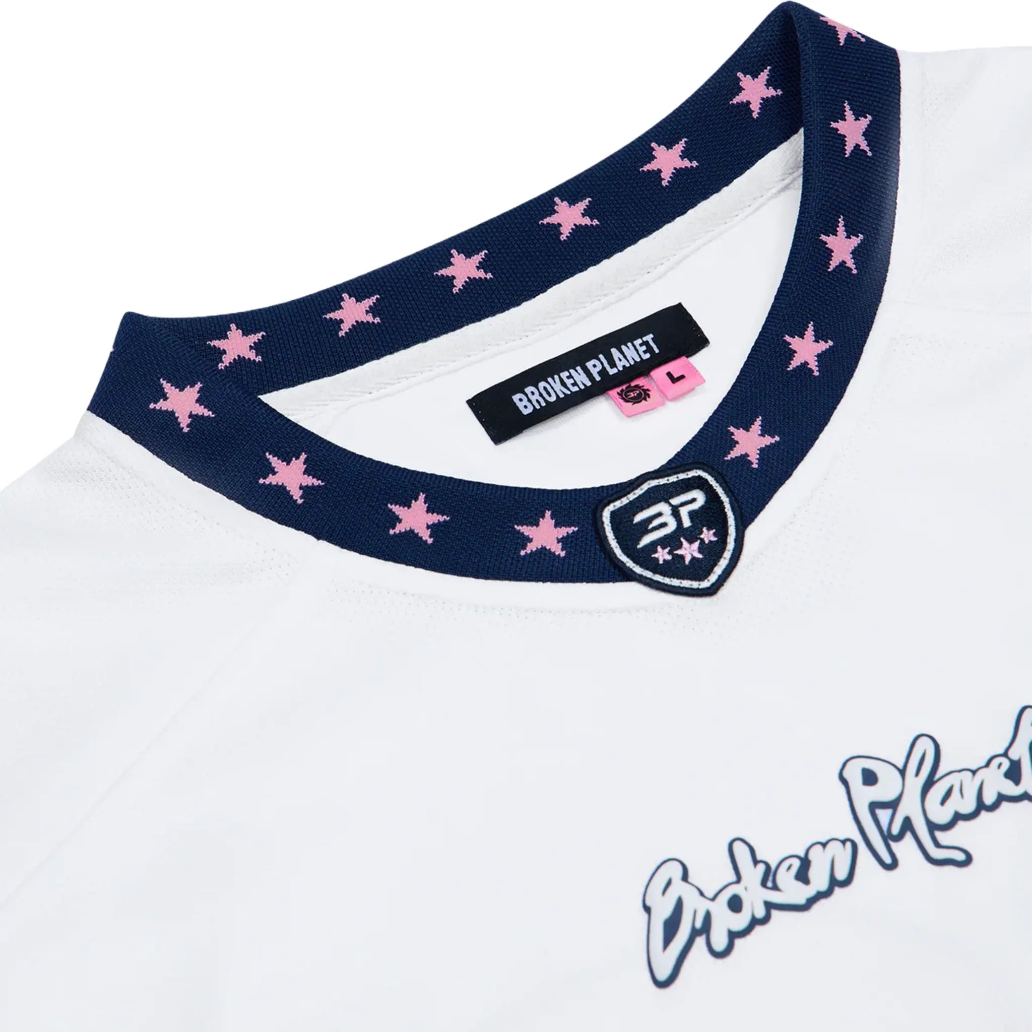 Neck View of Broken Planet All Star League Navy Pink Jersey BPJUN25AFJSWHITEPNNVL
